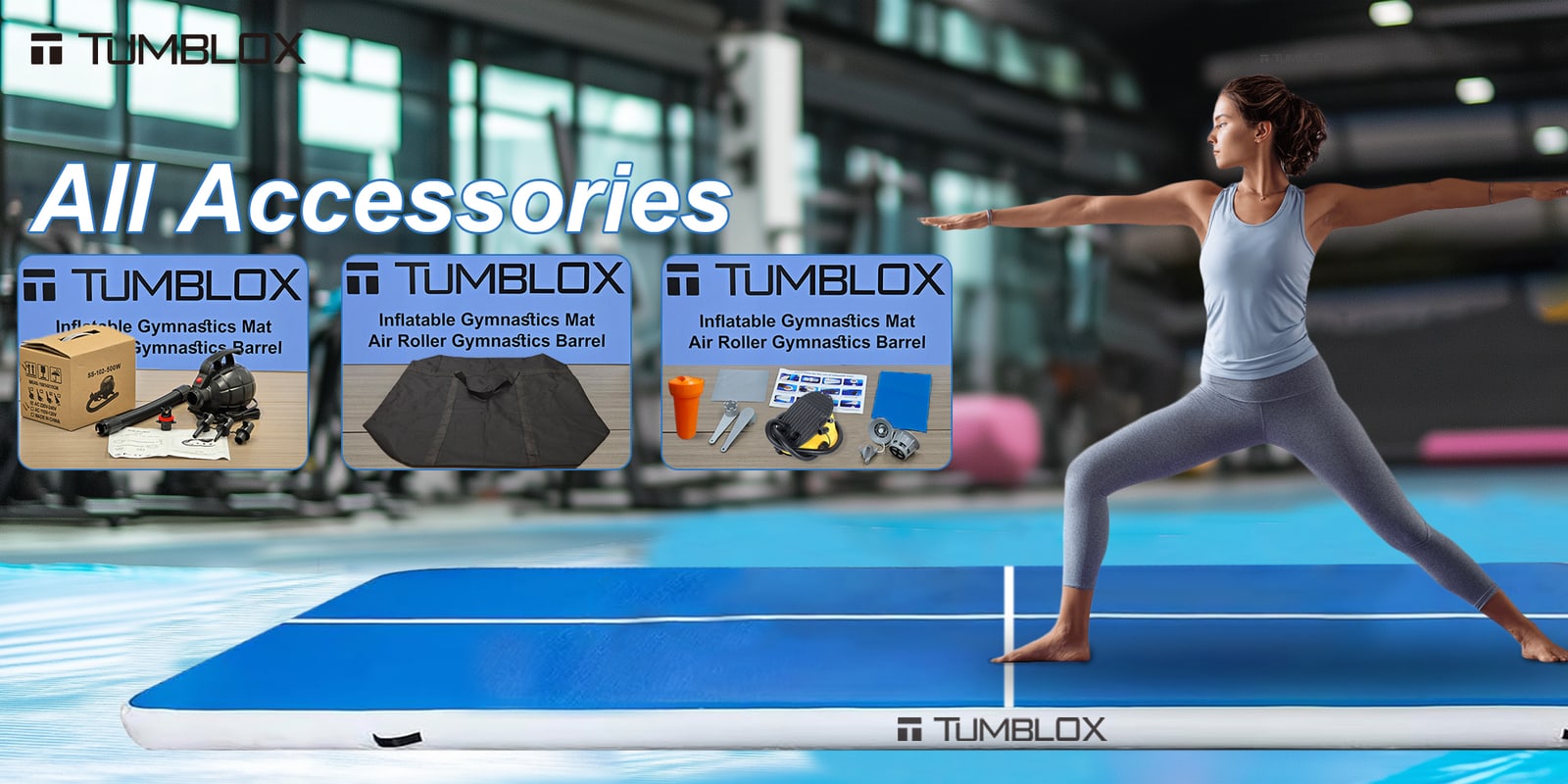 Blue White Cross-Line Air Track Mat 10cm — included accessories | inflatable gymnastics tumbling mat