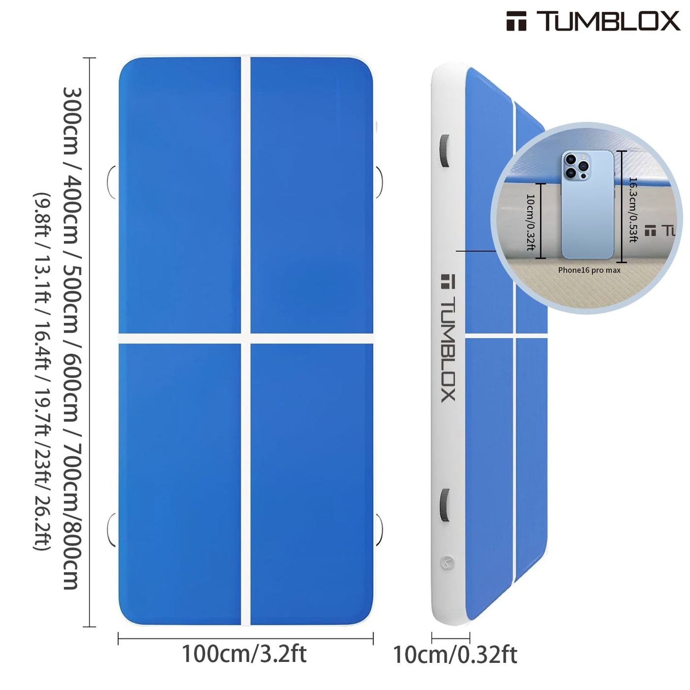 TUMBLOX Blue White Cross-Line Air Track Mat 10cm with Electric Pump