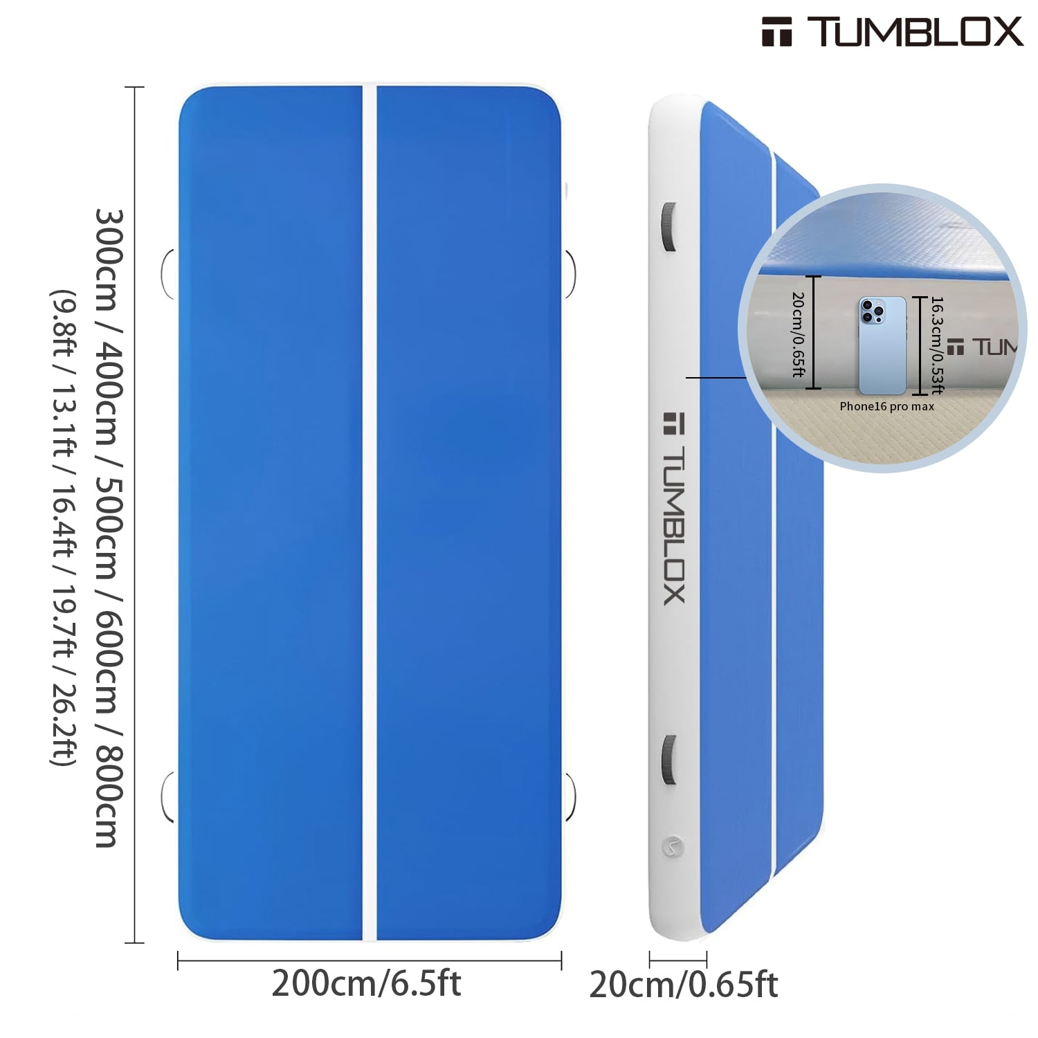 Blue White Single-Line Air Track Mat 20cm — size comparison | inflatable gymnastics tumbling mat