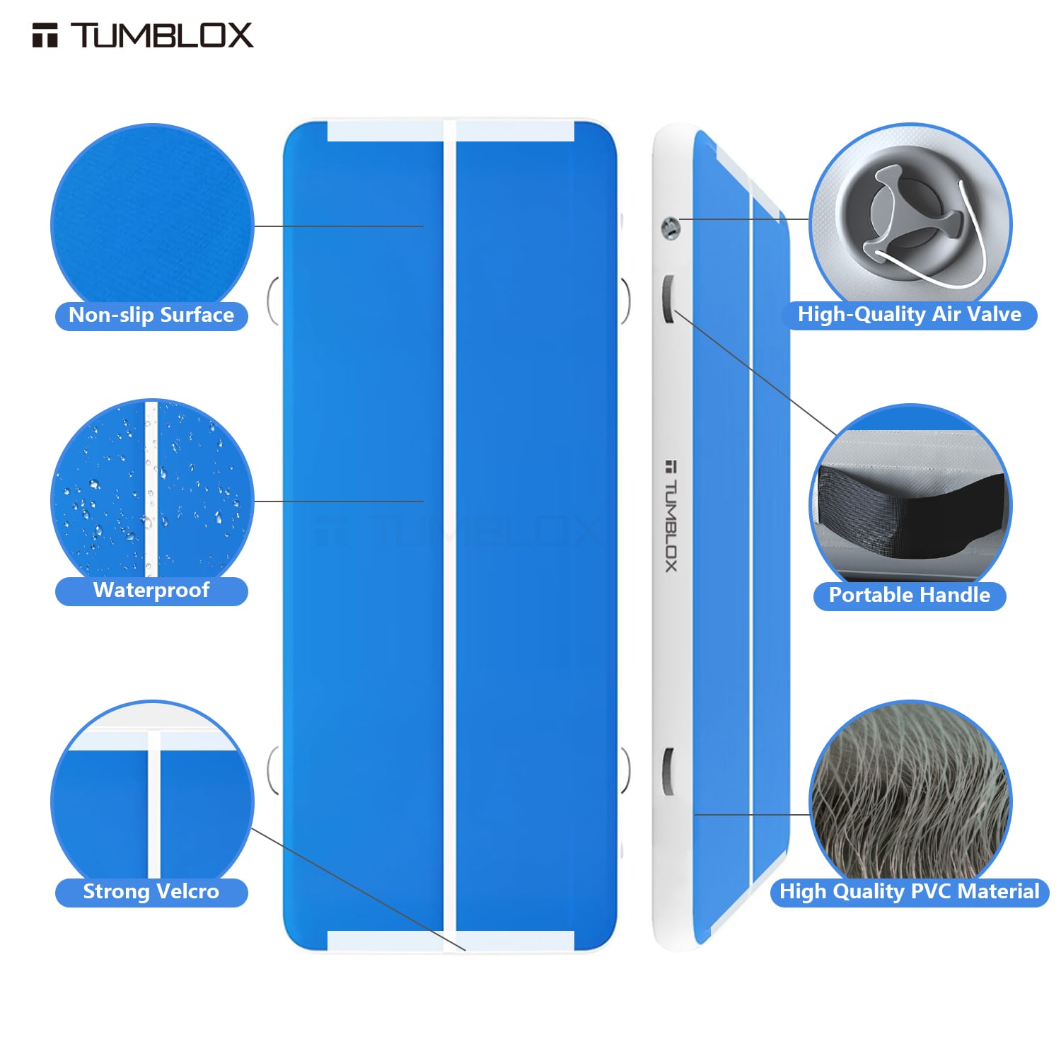 Blue White Single-Line Air Track Mat 20cm — studio view 8 | inflatable gymnastics tumbling mat