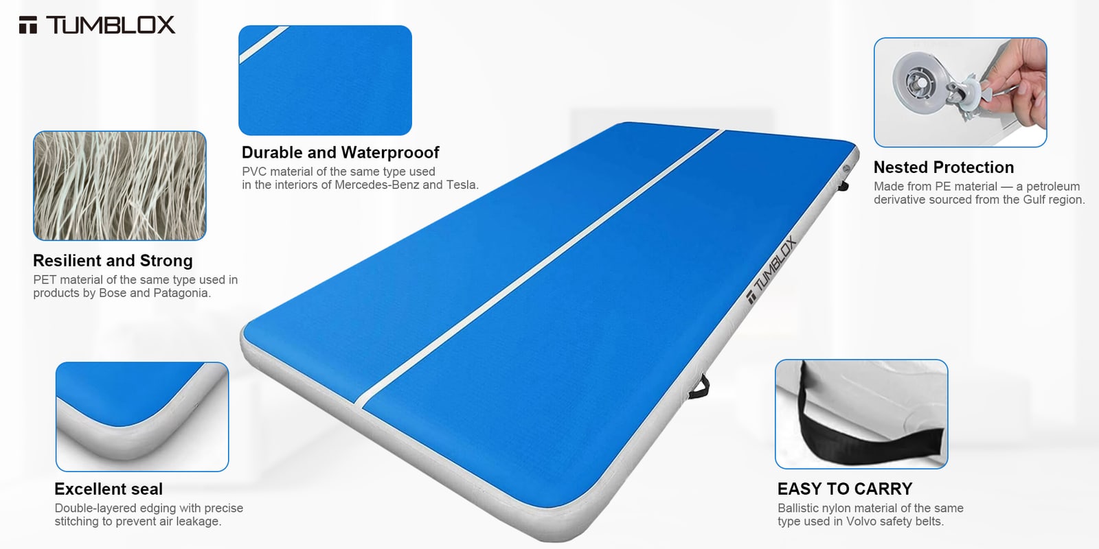 Blue White Single-Line Air Track Mat 10cm — surface and seam detail 2 | inflatable gymnastics tumbling mat