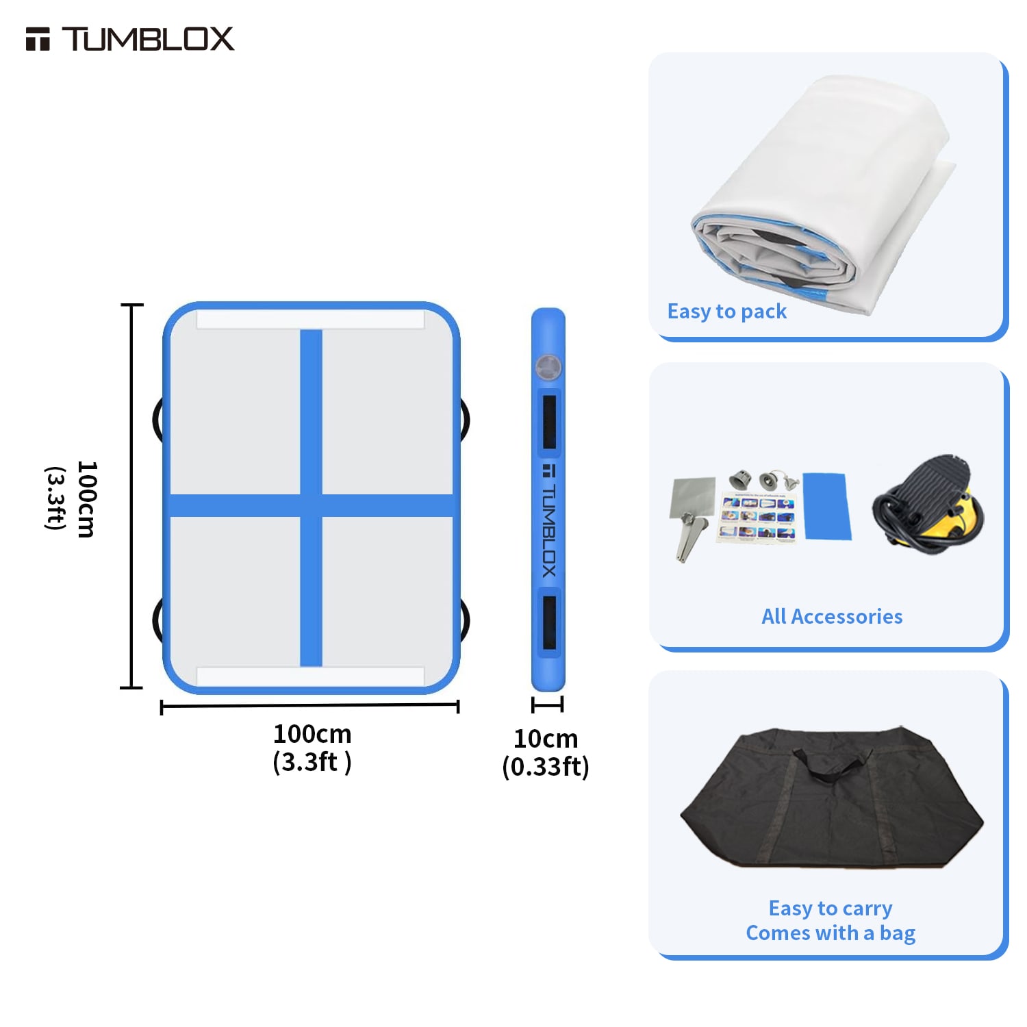 TUMBLOX Gem Blue Cross-Line Air Track Mat 10cm without Electric Pump