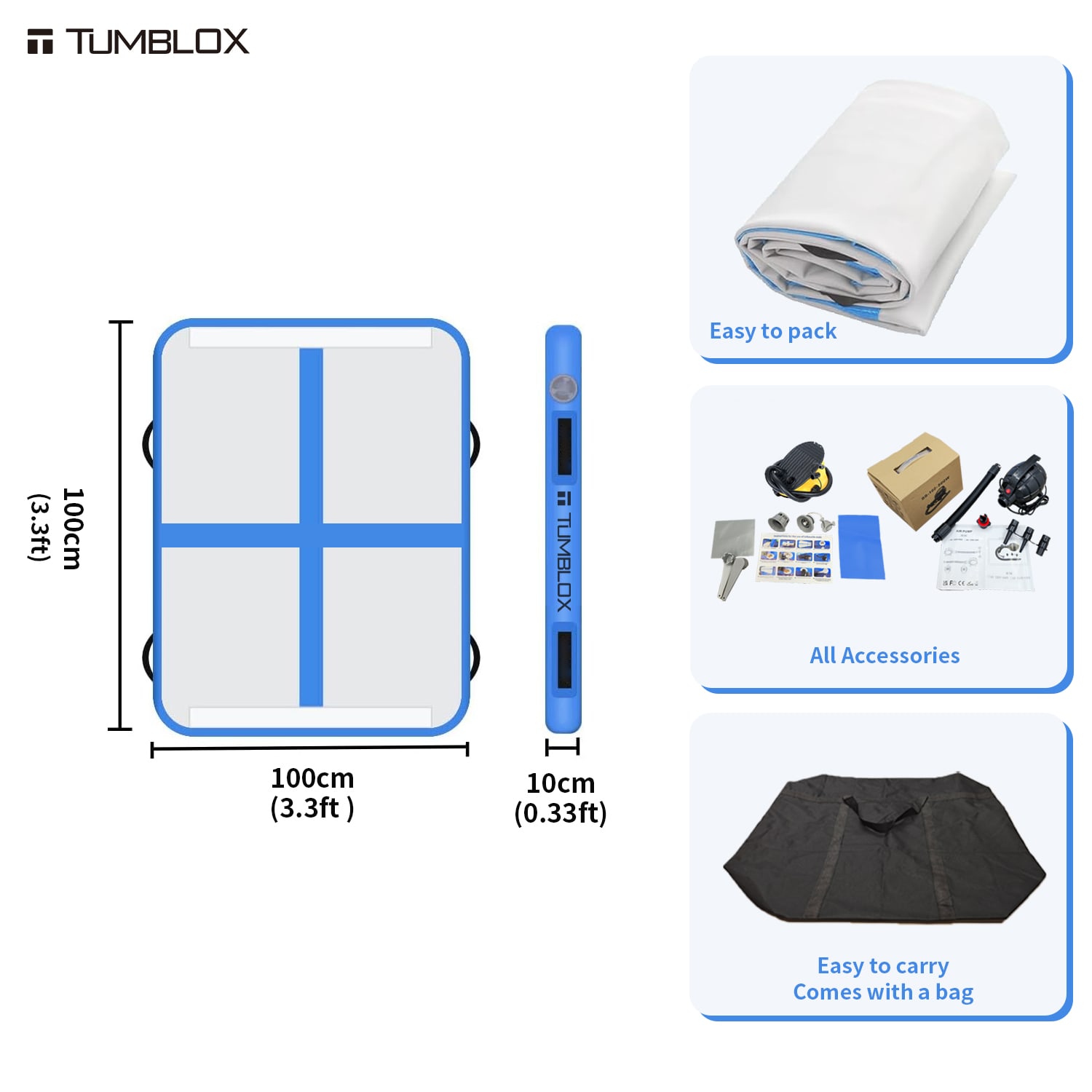 TUMBLOX Gem Blue Cross-Line Air Track Mat 10cm with Electric Pump