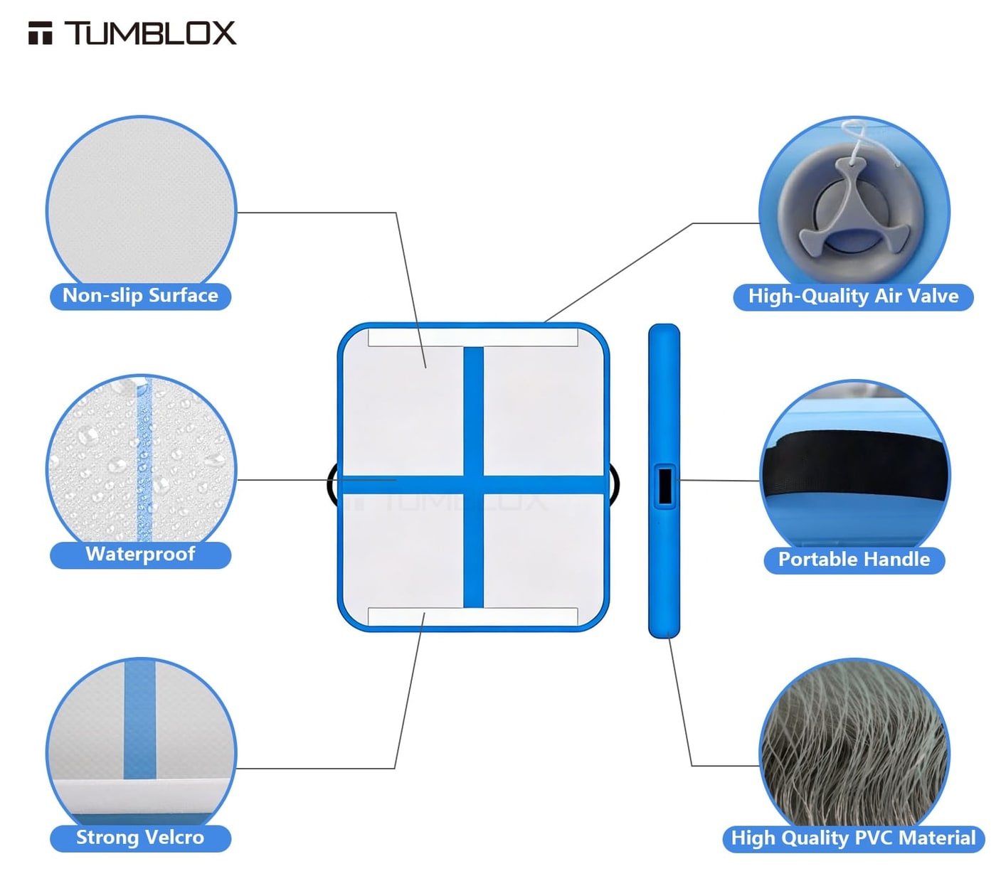 Gem Blue Cross-Line Air Track Mat 10cm — main view | inflatable gymnastics tumbling mat