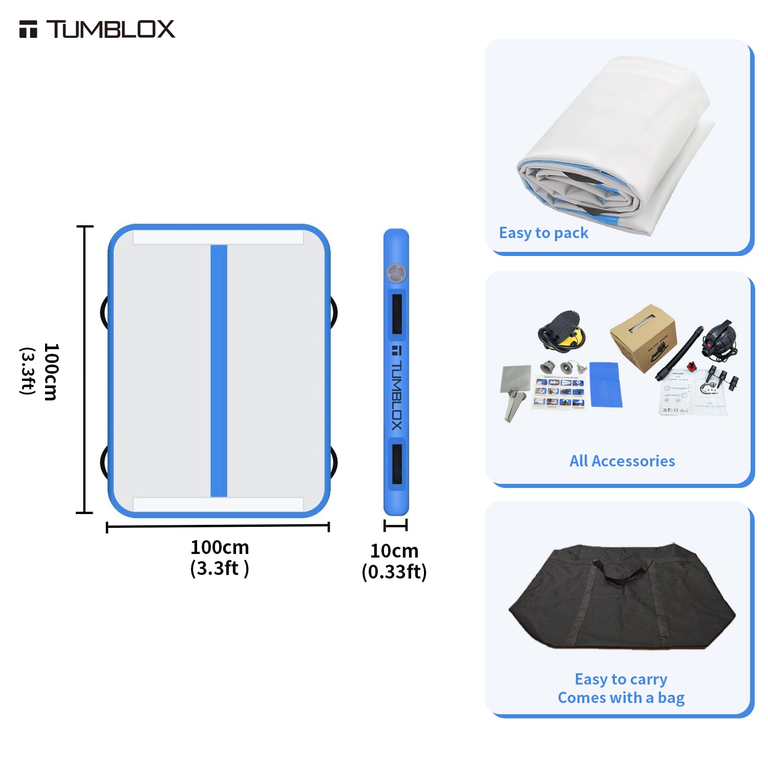 TUMBLOX Gem Blue Single-Line Air Track Mat 10cm with Electric Pump