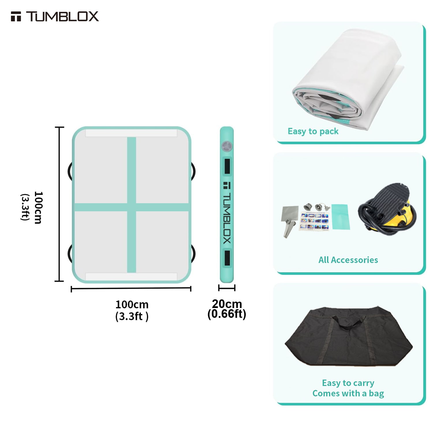 TUMBLOX Mint Green Cross-Line Air Track Mat 20cm without Electric Pump