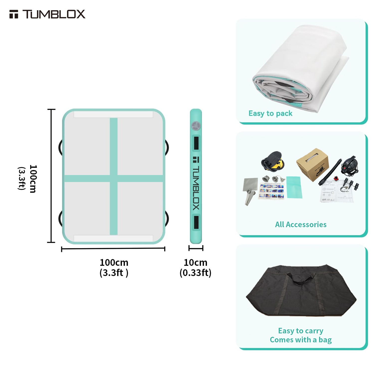 TUMBLOX Mint Green Cross-Line Air Track Mat 10cm with Electric Pump