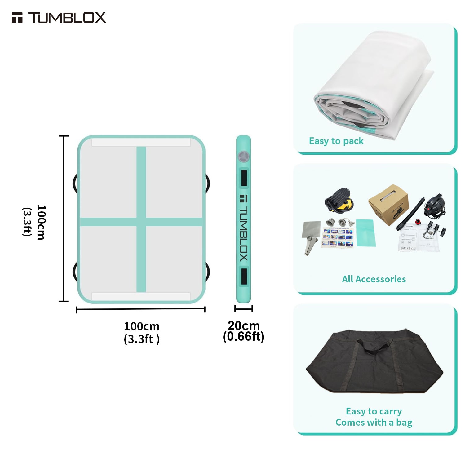 TUMBLOX Mint Green Cross-Line Air Track Mat 20cm with Electric Pump