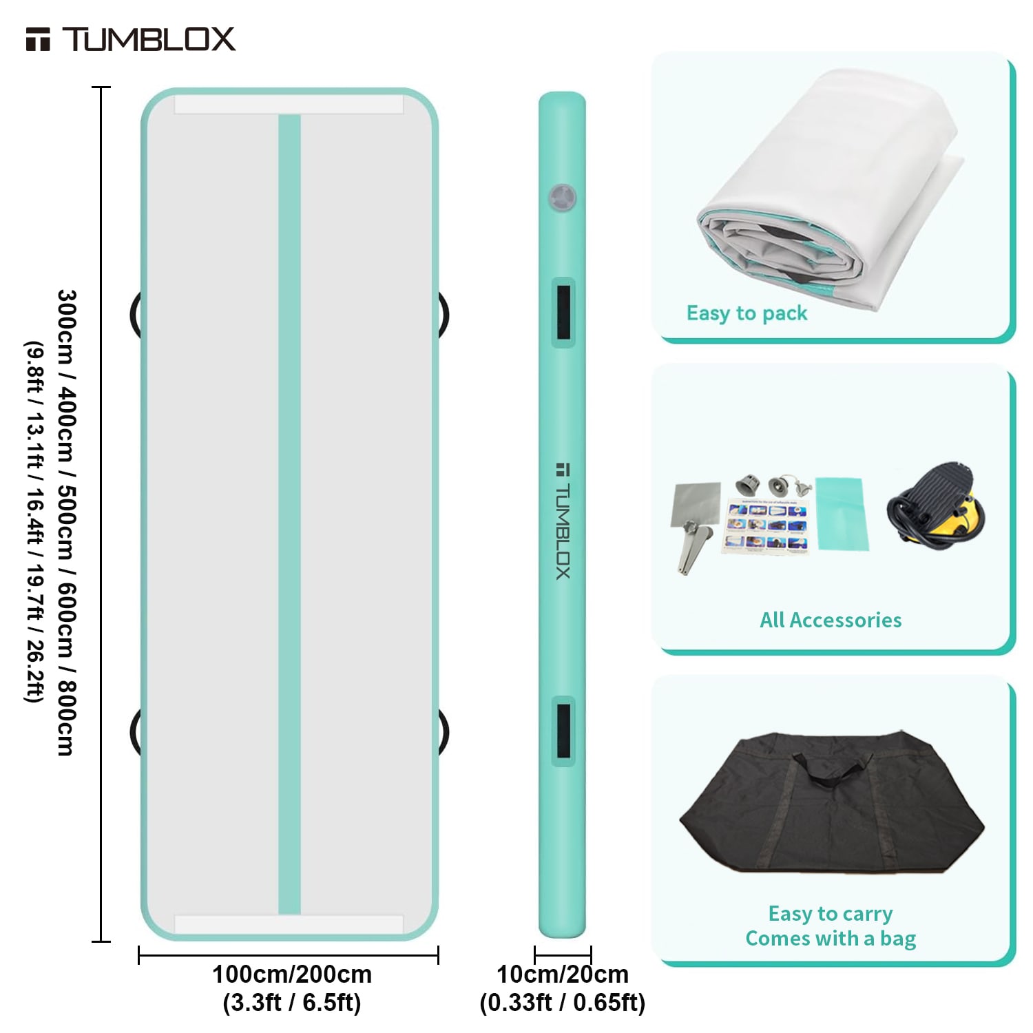 Mint Green Single-Line Air Track Mat 10cm — size comparison 3 | inflatable gymnastics tumbling mat
