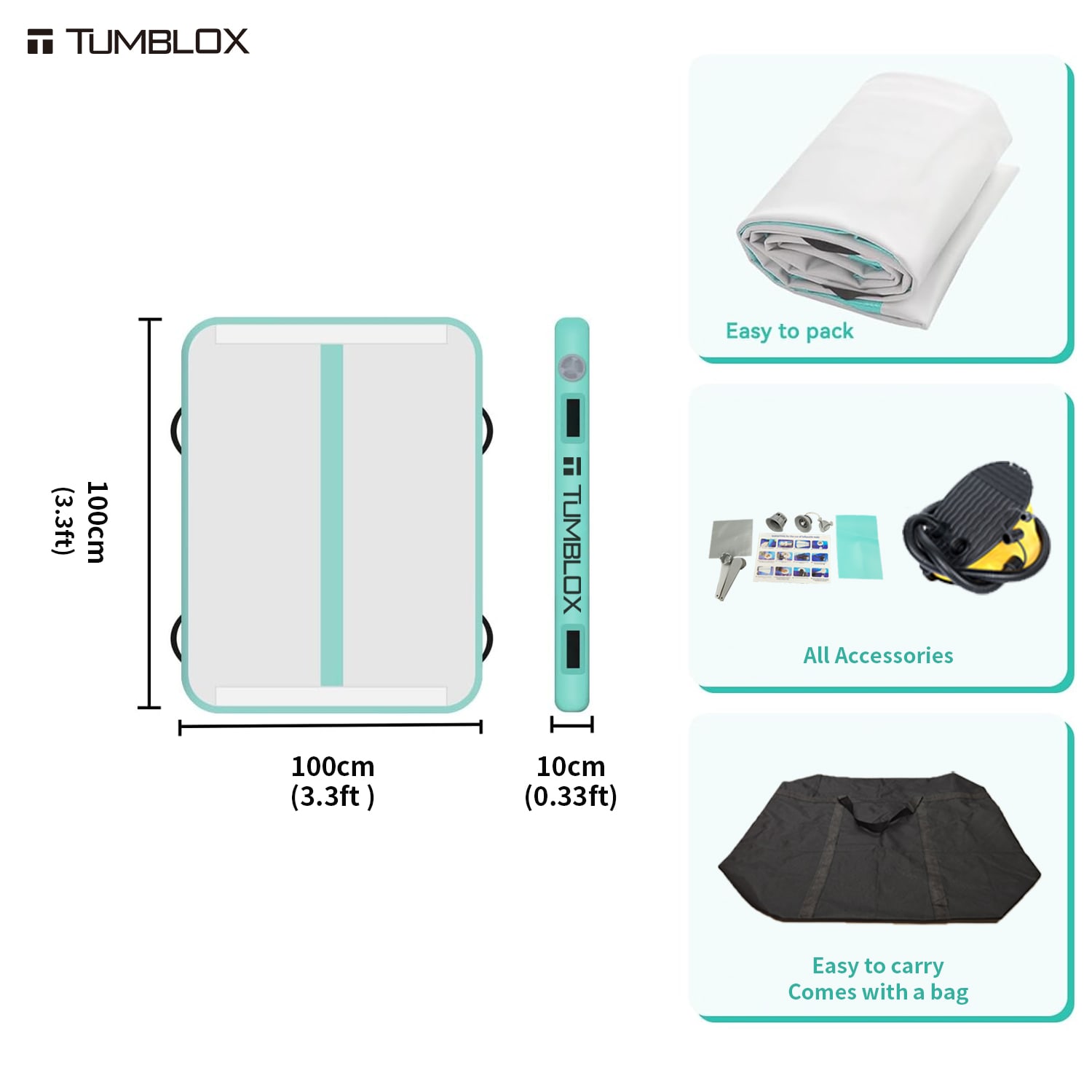 TUMBLOX Mint Green Single-Line Air Track Mat 10cm without Electric Pump
