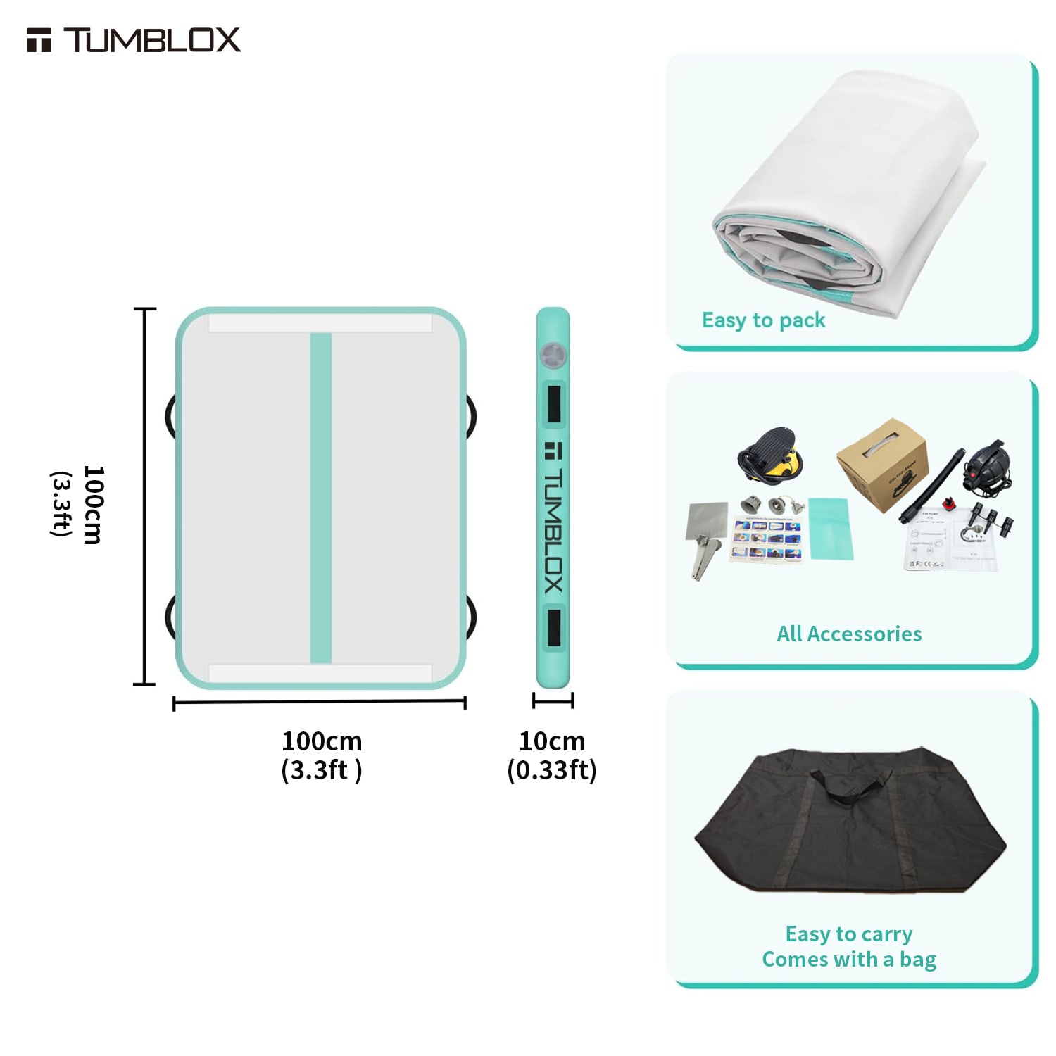 TUMBLOX Mint Green Single-Line Air Track Mat 10cm with Electric Pump