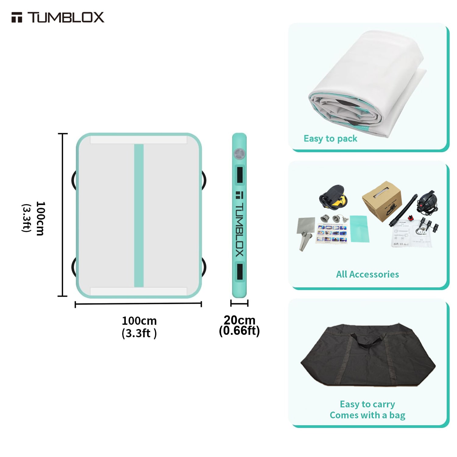 TUMBLOX Mint Green Single-Line Air Track Mat 20cm with Electric Pump
