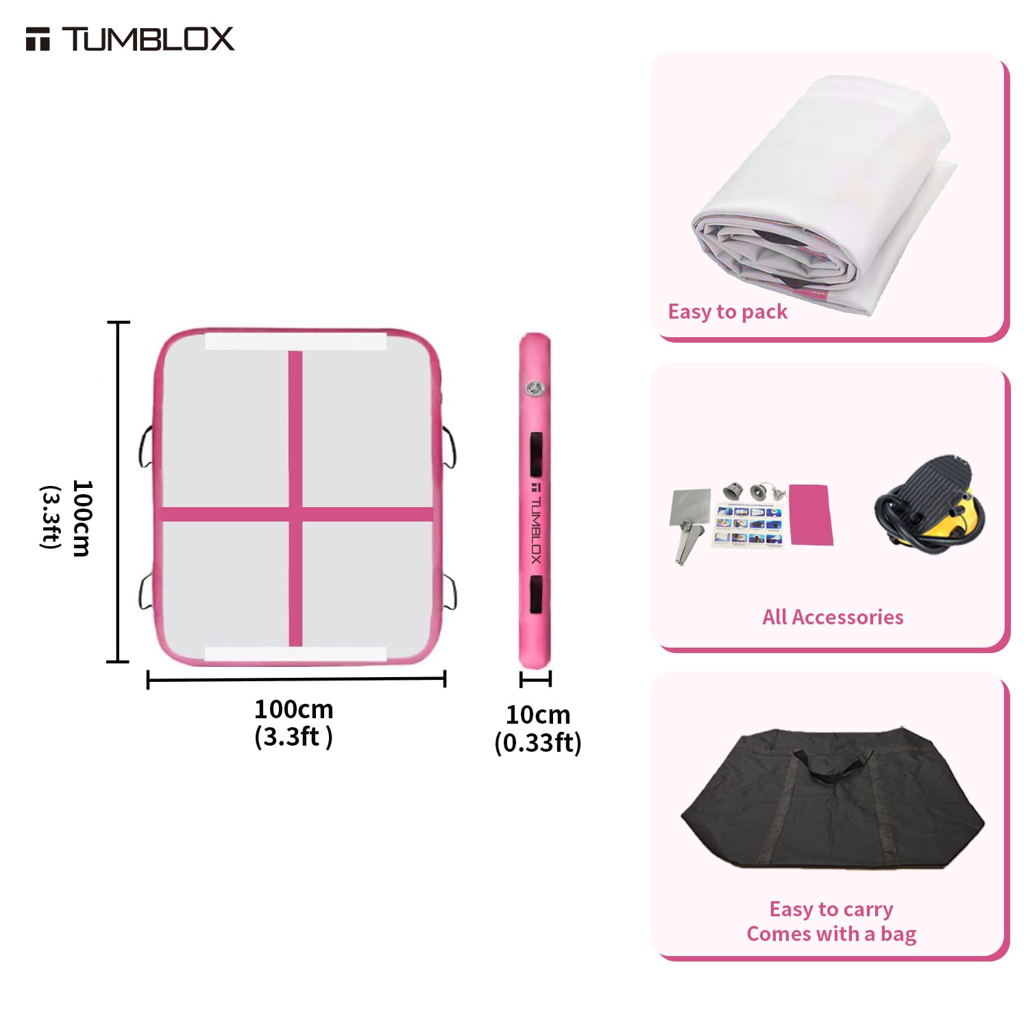TUMBLOX Rose Pink Cross-Line Air Track Mat 10cm without Electric Pump