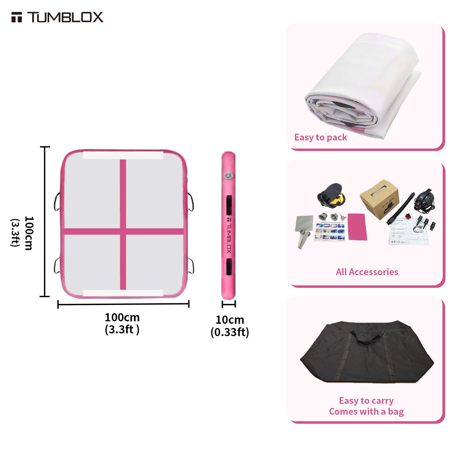 TUMBLOX Rose Pink Cross-Line Air Track Mat 10cm with Electric Pump