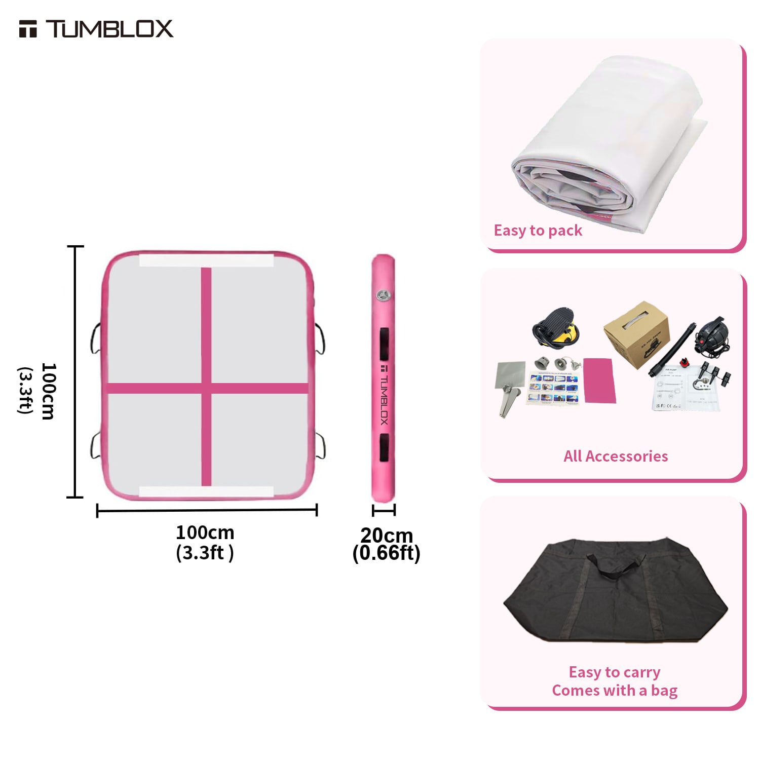 TUMBLOX Rose Pink Cross-Line Air Track Mat 20cm with Electric Pump